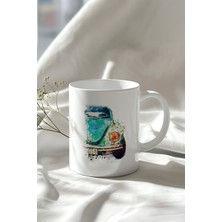 Klasik Araba Temalı 330ML Baskılı Beyaz Seramik Kupa Bardak