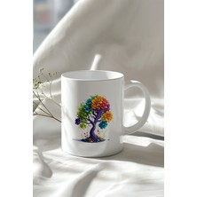 Renkli Ağaç Desenli 330ML Baskılı Beyaz Seramik Kupa Bardak