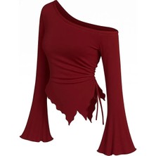 Intive Lingerie Kadın Bordo Uzun Ispanyol Kollu Asimetirik Yaka Yandan Bağlamalı Drapeli Bluz
