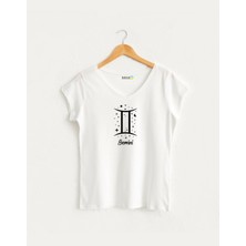 Kidilia Ikizler Burcu Tasarımlı Kadın V Yaka %100 Pamuklu T-Shirt