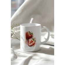 Çilek Desenli 330ML Baskılı Beyaz Seramik Kupa Bardak