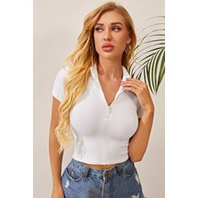 Intive Lingerie Kadın Beyaz Yarım Fermuarlı ve Kısa Kollu Crop Top Bluz