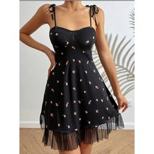 Intive Lingerie Kadın Siyah Pembe Gül Desenli Askılı Bağlamalı Dantel Detaylı Elbise 5072