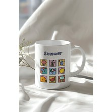 Yaz Temalı Sevimli Ikonlar Desenli 330ML Baskılı Beyaz Seramik Kupa Bardak