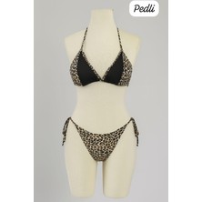 Intive Lingerie Kadın Siyah ve Leopar Detaylı Yandan Bağlamalı Bikini Takımı