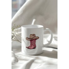 Pembe Çizme ve Şapka Figürlü 330ML Baskılı Beyaz Seramik Kupa Bardak