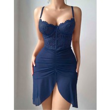 Intive Lingerie Kadın Mavi Transparan Dantel Detaylı Tül Fantezi Gecelik 2242