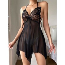 Intive Lingerie Siyah Transparan Kelebek Detaylı Tül Fantezi Gecelik 2243
