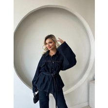 Nsade Kuşaklı Mavi Flare Pantolon Çift Cepli Ceket Denim Tasarım Takım