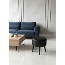 Kayser Home Modern Deri Puf 40 cm | Salon – Antre – Yatak Odası | Ahşap Ayaklı Oturma Pufu Siyah