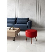 Kayser Home Modern Deri Puf 40 cm | Salon – Antre – Yatak Odası | Ahşap Ayaklı Oturma Pufu Kırmızı