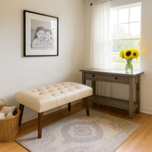 Kayser Home Modern Kapitoneli Bench Puf 90X45 | Antre – Yatak Odası – Salon | Deri Kumaş Oturma Bankı Krem