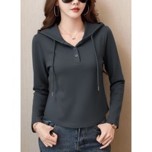 Yeşil Sarmaşık Kadın Uzun Kollu Kapşonlu Bağcıklı Düğmeli Viskon Iki Iplik Füme Bluz