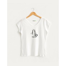 Kidilia Oğlak Burcu Tasarımlı Kadın V Yaka %100 Pamuklu T-Shirt