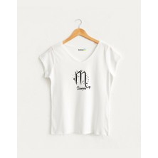 Kidilia Akrep Burcu Tasarımlı Kadın V Yaka %100 Pamuklu T-Shirt