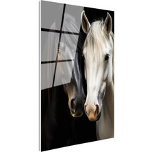 Tablofest Tamperli Gerçek Cam Tablo Zıt Tonlu Ikili At Tablosu Duvar Dekoru