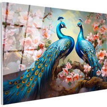 Tablofest Tamperli Gerçek Cam Tablo Çiçekli Dalda Tavus Kuşları Tavus Kuşu Tablosu Duvar Dekoru