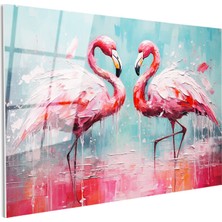 Tablofest Tamperli Gerçek Cam Tablo Yağlı Boya Dokulu Sanatsal Flamingo Tablosu Duvar Dekoru