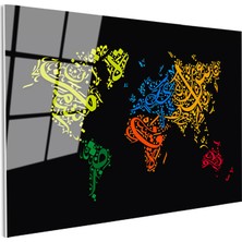 Tablofest Tamperli Gerçek Cam Tablo Arapça Hat Sanatı Dünya Harita Tablosu Duvar Dekoru