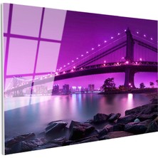Tablofest Tamperli Gerçek Cam Tablo Manhattan Köprüsü Mor Işıklar Şehir Mimari Tablo Duvar Dekoru