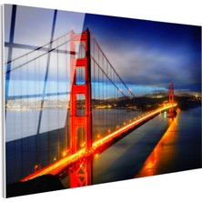 Tablofest Tamperli Gerçek Cam Tablo Golden Gate Köprüsü Gece Trafiği Şehir Mimari Tablo Duvar Dekoru