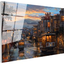 Tablofest Tamperli Gerçek Cam Tablo San Francisco Tramvay ve Yokuş Yol Şehir ve Mimari Tablo Duvar Dekoru