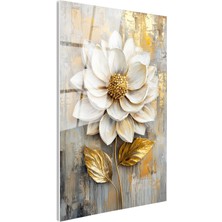 Tablofest Tamperli Gerçek Cam Tablo Kabartma Görünümlü Altın Beyaz Çiçek Tablosu Duvar Dekoru