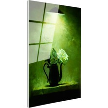 Tablofest Tamperli Gerçek Cam Tablo Siyah Demlikte Beyaz Gül Çiçek Tablosu Duvar Dekoru