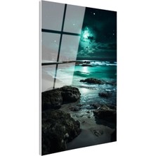 Tablofest Tamperli Gerçek Cam Tablo Mistik Yeşil Dolunay ve Kayalık Sahil Manzara Tablosu Duvar Dekoru