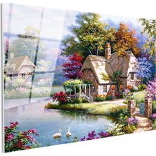 Tablofest Tamperli Gerçek Cam Tablo Bahçeli Taş Ev ve Kuğular Manzara ve Doğa Tablosu Duvar Dekoru