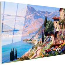 Tablofest Tamperli Gerçek Cam Tablo Dağ Manzaralı Çiçekli Kasaba Manzara ve Doğa Tablosu Duvar Dekoru