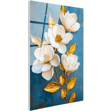 Tablofest Tamperli Gerçek Cam Tablo Mavi Zeminli Altın Manolya Çiçek Tablosu Duvar Dekoru