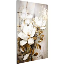 Tablofest Tamperli Gerçek Cam Tablo Altın Dokunuşlu Beyaz Manolya Çiçek Tablosu Duvar Dekoru