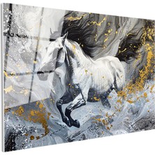 Tablofest Tamperli Gerçek Cam Tablo Gri Akışkan Fon Altın Detaylı At Tablosu Duvar Dekoru