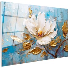 Tablofest Tamperli Gerçek Cam Tablo Yağlı Boya Görünümlü Beyaz Manolya Çiçek Tablosu Duvar Dekoru