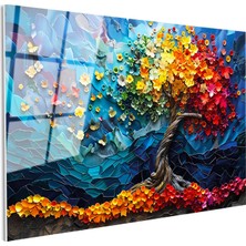 Tablofest Tamperli Gerçek Cam Tablo Rengarenk Bahar Ağacı Çiçek Tablosu Duvar Dekoru