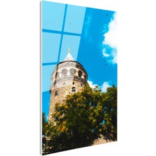 Tablofest Tamperli Gerçek Cam Tablo Galata Kulesi ve Yeşil Ağaçlar Şehir Mimari Tablo Duvar Dekoru