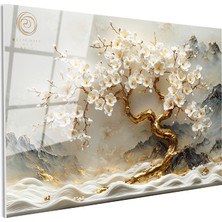 Tablofest Tamperli Gerçek Cam Tablo Dağ Manzaralı Altın Gövdeli Ağaç Çiçek Tablosu Duvar Dekoru