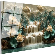 Tablofest Tamperli Gerçek Cam Tablo Kabartma Görünümlü Şelaleli Nilüfer Çiçek Tablosu Duvar Dekoru