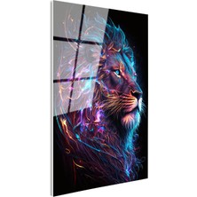 Tablofest Tamperli Gerçek Cam Tablo Neon Çizgisel Aslan Tablosu Duvar Dekoru