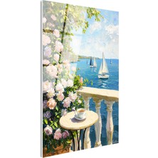 Tablofest Tamperli Gerçek Cam Tablo Çiçekli Teras ve Deniz Yelkenlileri Manzara ve Doğa Tablosu Duvar Dekoru