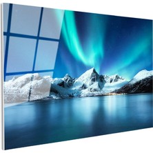 Tablofest Tamperli Gerçek Cam Tablo Aurora Altında Karlı Dağ Manzara Tablosu Duvar Dekoru