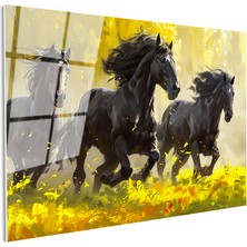 Tablofest Tamperli Gerçek Cam Tablo Sarı Çiçekli Doğa Üç Siyah At Tablosu Duvar Dekoru