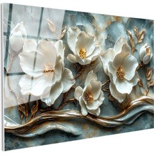 Tablofest Tamperli Gerçek Cam Tablo Kabartma Görünümlü Yaldızlı Çiçek Tablosu Duvar Dekoru