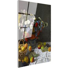 Tablofest Tamperli Gerçek Cam Tablo Claude Monet Meyveler ve Çiçekler Sepetli Natürmort Ressam Tablosu Dekoru
