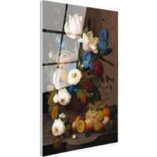 Tablofest Tamperli Gerçek Cam Tablo Severin Roesen Lale ve Meyve Tabağı Beyaz Gül Ressam Tablosu Duvar Dekoru