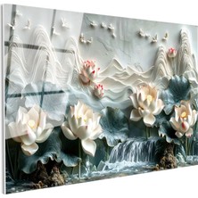 Tablofest Tamperli Gerçek Cam Tablo Nilüfer ve Şelale Manzarası Çiçek Tablosu Duvar Dekoru