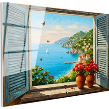 Tablofest Tamperli Gerçek Cam Tablo Mavi Panjurlu Pencere ve Sahil Manzara ve Doğa Tablosu Duvar Dekoru