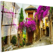 Tablofest Tamperli Gerçek Cam Tablo Begonvilli ve Çiçekli Taş Sokak Şehir ve Mimari Tablo Duvar Dekoru