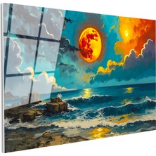 Tablofest Tamperli Gerçek Cam Tablo Turuncu Ay ve Dalgalı Deniz Manzara ve Doğa Tablosu Duvar Dekoru